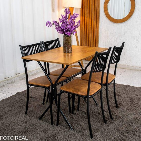 Mesa de Cozinha Atenas 90x58 Tampo Madeirado Base Nexus Preto + 4 Cadeiras Assento Corino Marrom - Tubo Minas