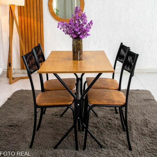 Mesa de Cozinha Atenas 90x58 Tampo Madeirado Base Nexus Preto + 4 Cadeiras Assento Corino Marrom - Tubo Minas