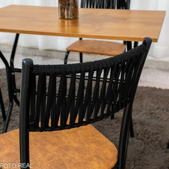 Mesa de Cozinha Atenas 90x58 Tampo Madeirado Base Nexus Preto + 4 Cadeiras Assento Corino Marrom - Tubo Minas