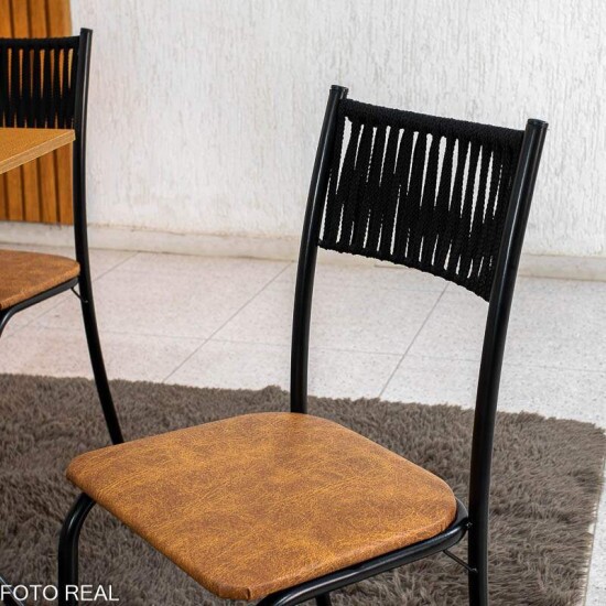 Mesa de Cozinha Atenas 90x58 Tampo Madeirado Base Nexus Preto + 4 Cadeiras Assento Corino Marrom - Tubo Minas