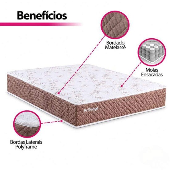 Colch�o Casal Molas Ensacadas Privilege Paropas + Base Box Casal Linh�o Bege Blindado Elitebox - 138x188x58