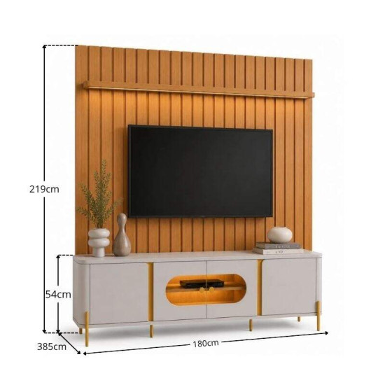 Painel 1,80m Ripado Plus Modular Nature JB Bechara + Prateleira 1.80m Luci com LED Nature JB Bechara + Rack Bancada 1,80m Juquehy Off/Nature com LED para TV at� 75\\\" - Bechara