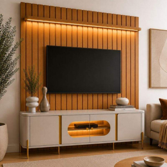 Painel 1,80m Ripado Plus Modular Nature JB Bechara + Prateleira 1.80m Luci com LED Nature JB Bechara + Rack Bancada 1,80m Juquehy Off/Nature com LED para TV at� 75\\\" - Bechara