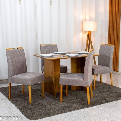 Mesa de Jantar Londres Tampo 120x80 Londres Cinamomo Cel M�veis + 4 Cadeiras Gabi Linho Marrom Estrutura Madeira Bom Lar - Entregue Montada