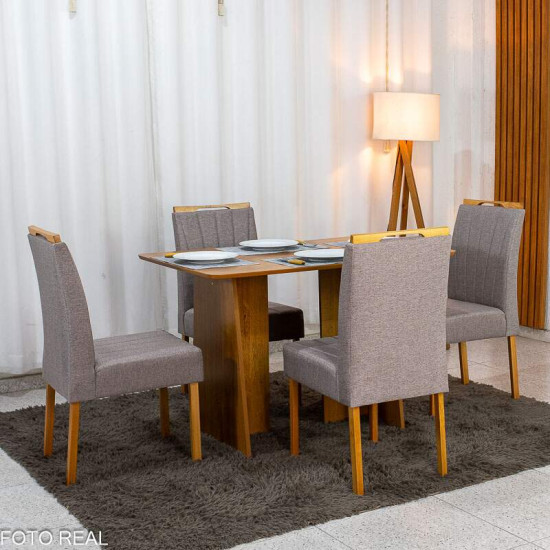 Mesa de Jantar Londres Tampo 120x80 Londres Cinamomo Cel M�veis + 4 Cadeiras Gabi Linho Marrom Estrutura Madeira Bom Lar - Entregue Montada