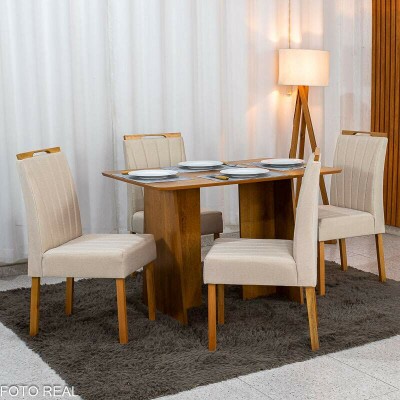 Mesa de Jantar Londres Tampo 120x80 Londres Cinamomo Cel M�veis + 4 Cadeiras Gabi Linho Bege Estrutura Madeira Bom Lar - Entregue Montada