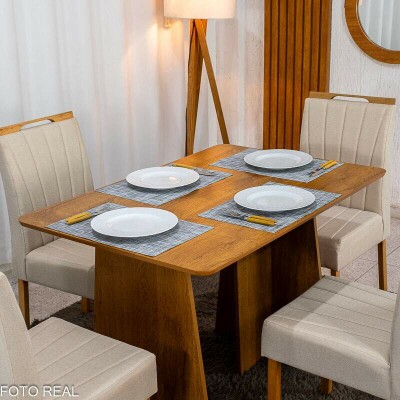 Mesa de Jantar Londres Tampo 120x80 Londres Cinamomo Cel M�veis + 4 Cadeiras Gabi Linho Bege Estrutura Madeira Bom Lar - Entregue Montada