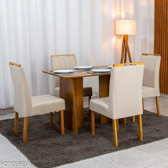 Mesa de Jantar Londres Tampo 120x80 Londres Cinamomo Cel M�veis + 4 Cadeiras Gabi Linho Bege Estrutura Madeira Bom Lar - Entregue Montada