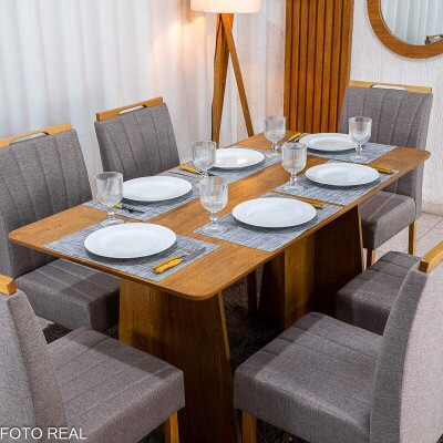 Mesa de Jantar Londres Tampo 160x80 Londres Cinamomo Cel M�veis + 6 Cadeiras Gabi Linho Marrom Estrutura Madeira Bom Lar - Entregue Montada