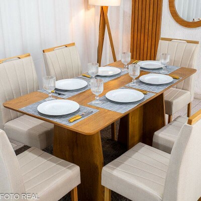 Mesa de Jantar Londres Tampo 160x80 Londres Cinamomo Cel M�veis + 6 Cadeiras Gabi Linho Bege Estrutura Madeira Bom Lar - Entregue Montada