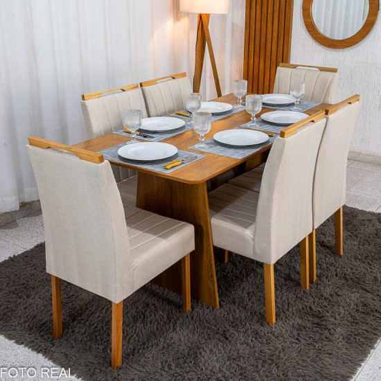Mesa de Jantar Londres Tampo 160x80 Londres Cinamomo Cel M�veis + 6 Cadeiras Gabi Linho Bege Estrutura Madeira Bom Lar - Entregue Montada