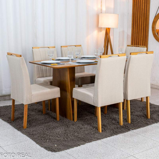 Mesa de Jantar Londres Tampo 160x80 Londres Cinamomo Cel M�veis + 6 Cadeiras Gabi Linho Bege Estrutura Madeira Bom Lar - Entregue Montada