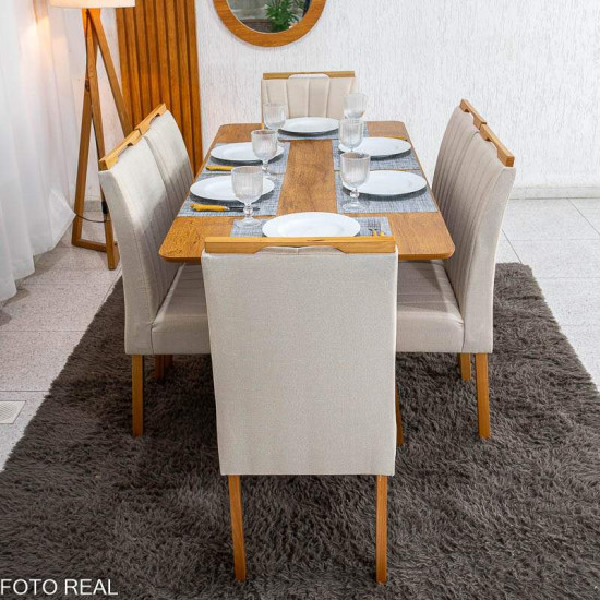 Mesa de Jantar Londres Tampo 160x80 Londres Cinamomo Cel M�veis + 6 Cadeiras Gabi Linho Bege Estrutura Madeira Bom Lar - Entregue Montada