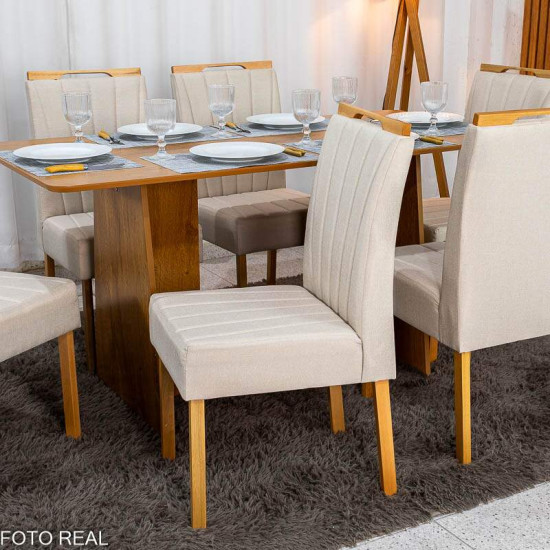 Mesa de Jantar Londres Tampo 160x80 Londres Cinamomo Cel M�veis + 6 Cadeiras Gabi Linho Bege Estrutura Madeira Bom Lar - Entregue Montada