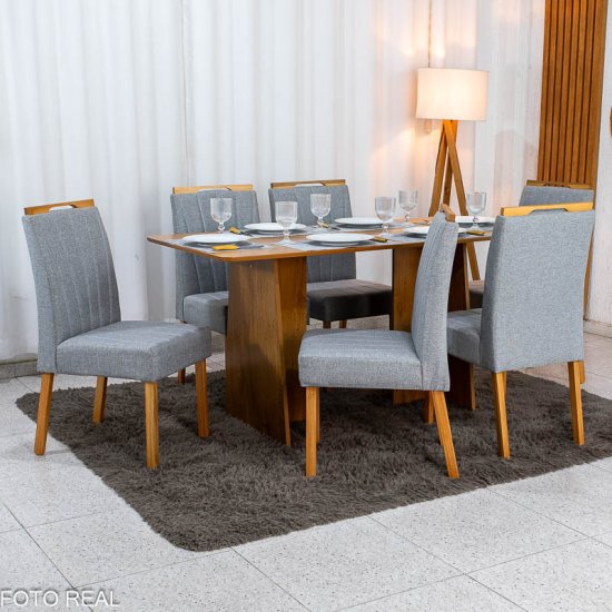 Mesa de Jantar Londres Tampo 160x80 Londres Cinamomo Cel M�veis + 6 Cadeiras Gabi Linho Cinza Estrutura Madeira Bom Lar - Entregue Montada