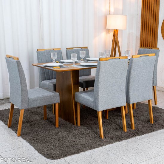 Mesa de Jantar Londres Tampo 160x80 Londres Cinamomo Cel M�veis + 6 Cadeiras Gabi Linho Cinza Estrutura Madeira Bom Lar - Entregue Montada