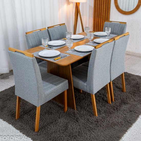 Mesa de Jantar Londres Tampo 160x80 Londres Cinamomo Cel M�veis + 6 Cadeiras Gabi Linho Cinza Estrutura Madeira Bom Lar - Entregue Montada