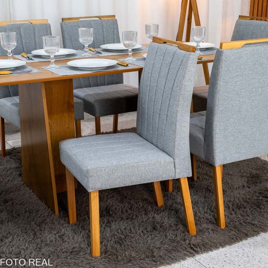 Mesa de Jantar Londres Tampo 160x80 Londres Cinamomo Cel M�veis + 6 Cadeiras Gabi Linho Cinza Estrutura Madeira Bom Lar - Entregue Montada