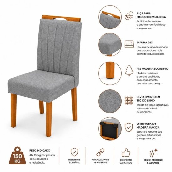 Mesa de Jantar Londres Tampo 160x80 Londres Cinamomo Cel M�veis + 6 Cadeiras Gabi Linho Cinza Estrutura Madeira Bom Lar - Entregue Montada