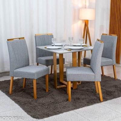 Mesa T�quio 90x90 Vidro Off Base Madeira + 4 Cadeiras Gabi Linho Cinza Estrutura Madeira Bom Lar - Entregue Montada