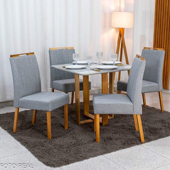 Mesa T�quio 90x90 Vidro Off Base Madeira + 4 Cadeiras Gabi Linho Cinza Estrutura Madeira Bom Lar - Entregue Montada