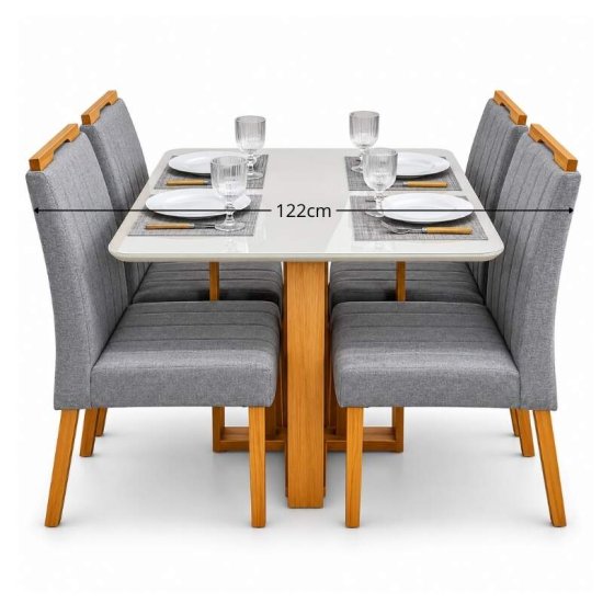 Mesa T�quio 90x90 Vidro Off Base Madeira + 4 Cadeiras Gabi Linho Cinza Estrutura Madeira Bom Lar - Entregue Montada