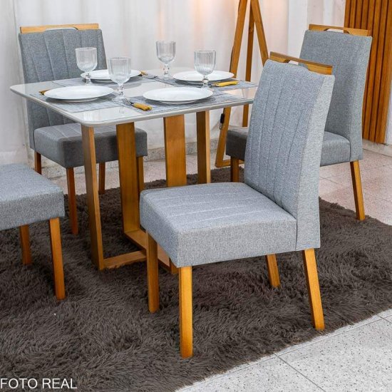 Mesa T�quio 90x90 Vidro Off Base Madeira + 4 Cadeiras Gabi Linho Cinza Estrutura Madeira Bom Lar - Entregue Montada
