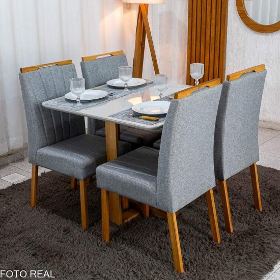 Mesa T�quio 90x90 Vidro Off Base Madeira + 4 Cadeiras Gabi Linho Cinza Estrutura Madeira Bom Lar - Entregue Montada