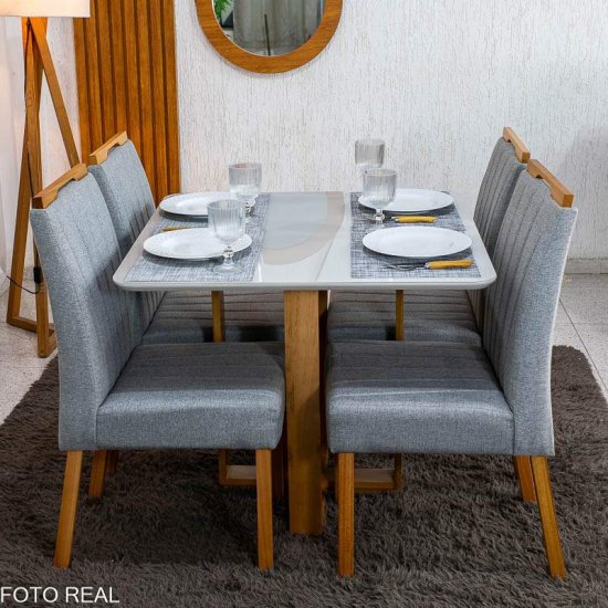 Mesa T�quio 90x90 Vidro Off Base Madeira + 4 Cadeiras Gabi Linho Cinza Estrutura Madeira Bom Lar - Entregue Montada