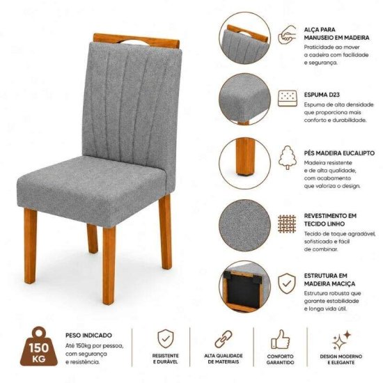 Mesa T�quio 90x90 Vidro Off Base Madeira + 4 Cadeiras Gabi Linho Cinza Estrutura Madeira Bom Lar - Entregue Montada