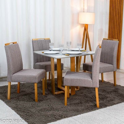 Mesa Tóquio 90x90 Vidro Off Base Madeira + 4 Cadeiras Gabi Linho Marrom Estrutura Madeira Bom Lar - Entregue Montada