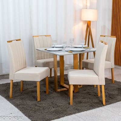 Mesa T�quio 90x90 Vidro Off Base Madeira + 4 Cadeiras Gabi Linho Bege Estrutura Madeira Bom Lar - Entregue Montada