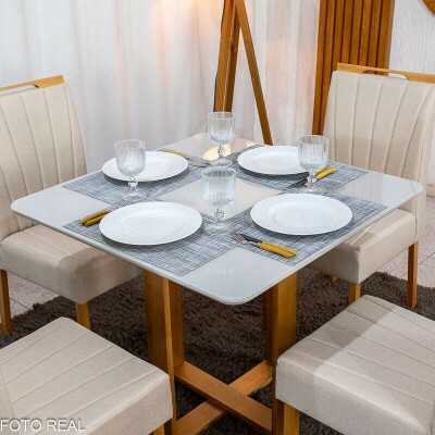 Mesa T�quio 90x90 Vidro Off Base Madeira + 4 Cadeiras Gabi Linho Bege Estrutura Madeira Bom Lar - Entregue Montada