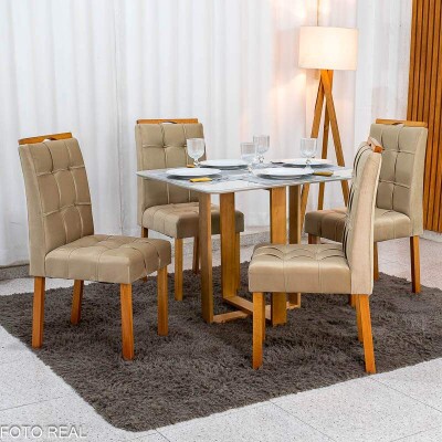 Mesa T�quio 100x80 Vidro Off Base Madeira + 4 Cadeiras Londres Veludo Avel� Estrutura Madeira Minas Plac - Entregue Montada