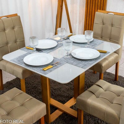 Mesa T�quio 100x80 Vidro Off Base Madeira + 4 Cadeiras Londres Veludo Avel� Estrutura Madeira Minas Plac - Entregue Montada