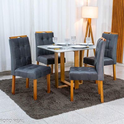 Mesa T�quio 100x80 Vidro Off Base Madeira + 4 Cadeiras Londres Veludo Chumbo Estrutura Madeira Minas Plac - Entregue Montada
