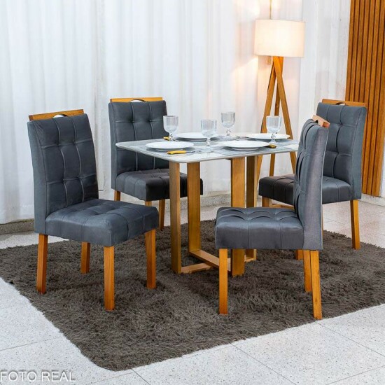 Mesa T�quio 100x80 Vidro Off Base Madeira + 4 Cadeiras Londres Veludo Chumbo Estrutura Madeira Minas Plac - Entregue Montada