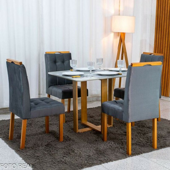Mesa T�quio 100x80 Vidro Off Base Madeira + 4 Cadeiras Londres Veludo Chumbo Estrutura Madeira Minas Plac - Entregue Montada
