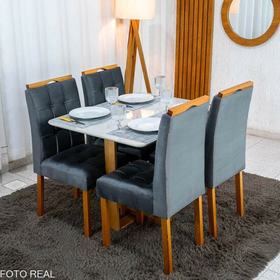 Mesa T�quio 100x80 Vidro Off Base Madeira + 4 Cadeiras Londres Veludo Chumbo Estrutura Madeira Minas Plac - Entregue Montada