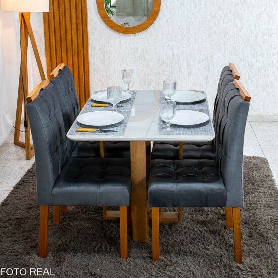 Mesa T�quio 100x80 Vidro Off Base Madeira + 4 Cadeiras Londres Veludo Chumbo Estrutura Madeira Minas Plac - Entregue Montada
