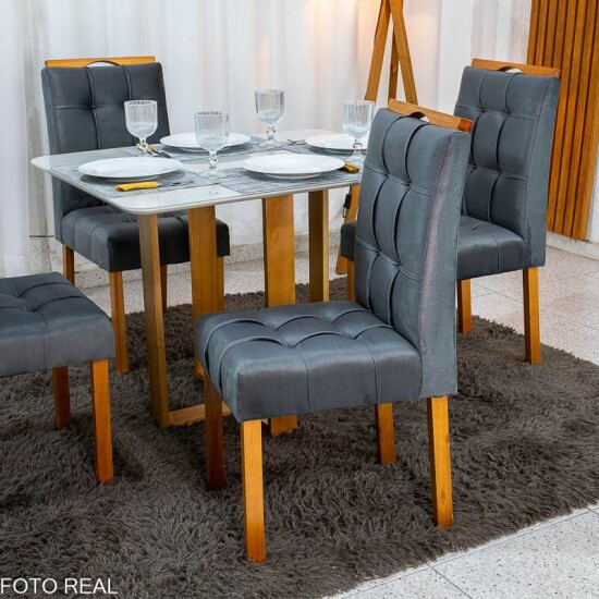 Mesa T�quio 100x80 Vidro Off Base Madeira + 4 Cadeiras Londres Veludo Chumbo Estrutura Madeira Minas Plac - Entregue Montada