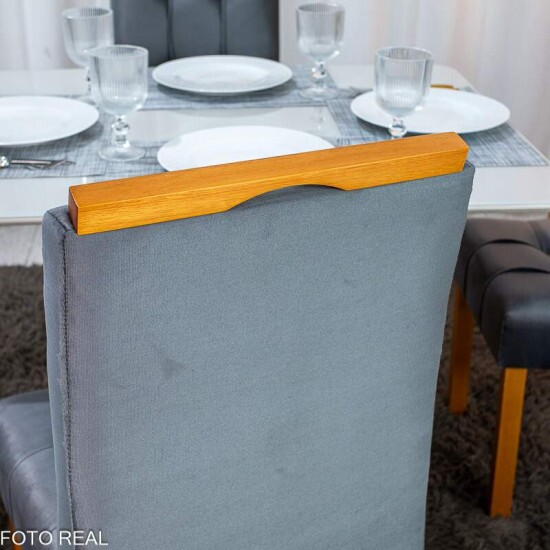 Mesa T�quio 100x80 Vidro Off Base Madeira + 4 Cadeiras Londres Veludo Chumbo Estrutura Madeira Minas Plac - Entregue Montada