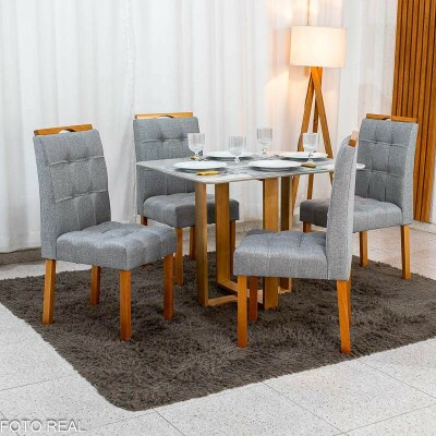 Mesa T�quio 100x80 Vidro Off Base Madeira + 4 Cadeiras Londres Linho Cinza Estrutura Madeira Minas Plac - Entregue Montada