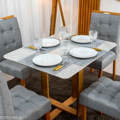 Mesa T�quio 100x80 Vidro Off Base Madeira + 4 Cadeiras Londres Linho Cinza Estrutura Madeira Minas Plac - Entregue Montada
