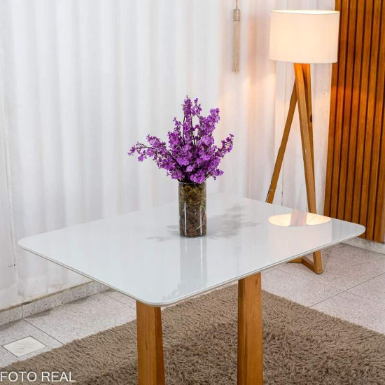 Mesa T�quio 100x80 Vidro Off Base Madeira + 4 Cadeiras Londres Linho Cinza Estrutura Madeira Minas Plac - Entregue Montada