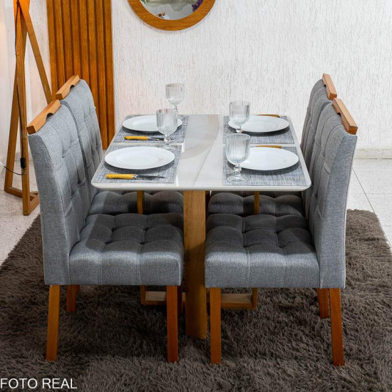 Mesa T�quio 100x80 Vidro Off Base Madeira + 4 Cadeiras Londres Linho Cinza Estrutura Madeira Minas Plac - Entregue Montada