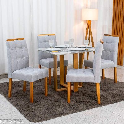 Mesa T�quio 100x80 Vidro Off Base Madeira + 4 Cadeiras Londres Linho Prata Estrutura Madeira Minas Plac - Entregue Montada
