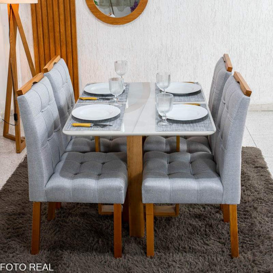 Mesa T�quio 100x80 Vidro Off Base Madeira + 4 Cadeiras Londres Linho Prata Estrutura Madeira Minas Plac - Entregue Montada