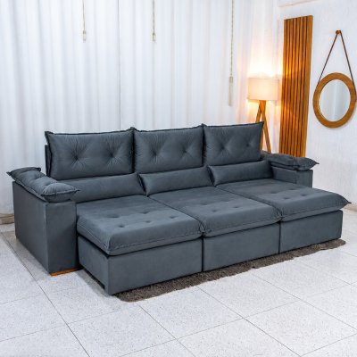 Sof� Retr�til Reclin�vel Dubai 2,90m Veludo Cinza 20