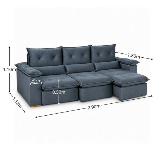 Sof� Retr�til Reclin�vel Dubai 2,90m Veludo Cinza 20